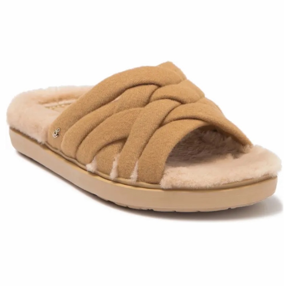 Sam Edelman Light Camel Twill Vaughn Faux Fur Footbed Woven Slide Sandal 8.5